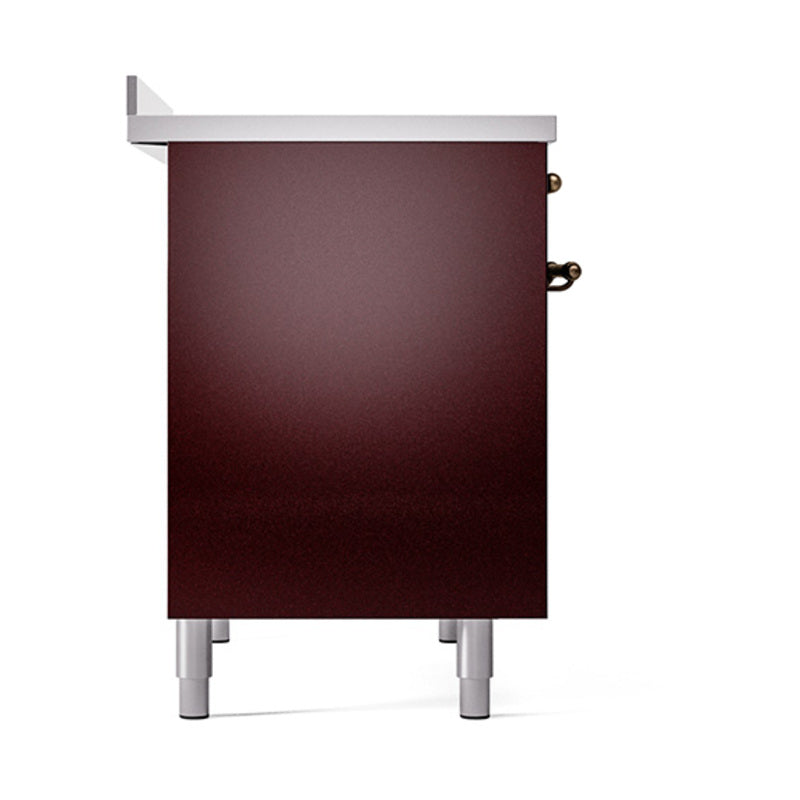 Solid burgundy oven door with bronze hinge hardware on range cabinet