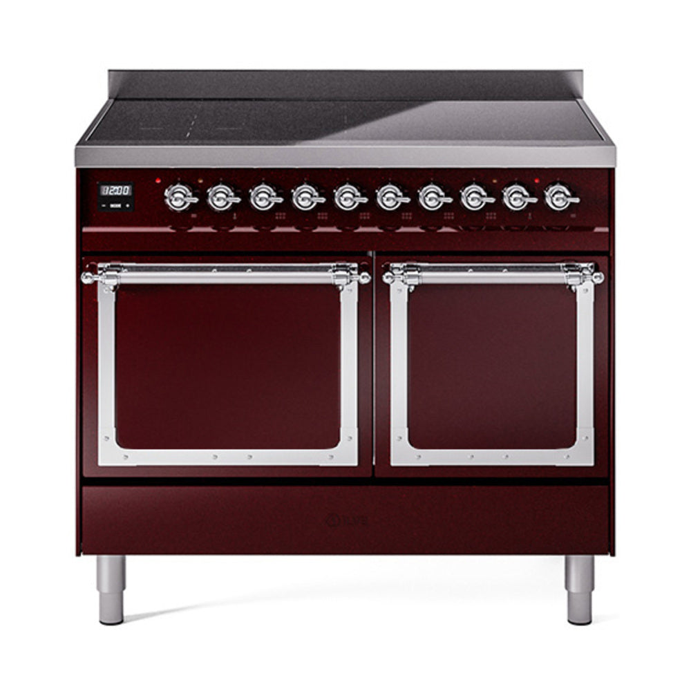 Burgundy double oven range with two closed doors and black cooktop controls
