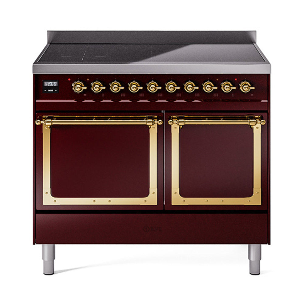Burgundy induction range with double oven and brass-framed solid doors, front view