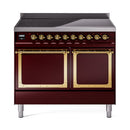 ILVE 40-Inch Nostalgie II Noblesse Induction Range with Solid Door Oven in Burgundy with Brass Trim (UNDI406QNMPBUG)
