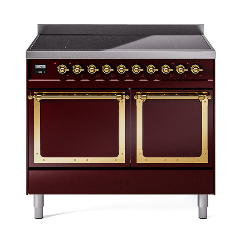 ILVE 40-Inch Nostalgie II Noblesse Induction Range with Solid Door Oven in Burgundy with Brass Trim (UNDI406QNMPBUG)