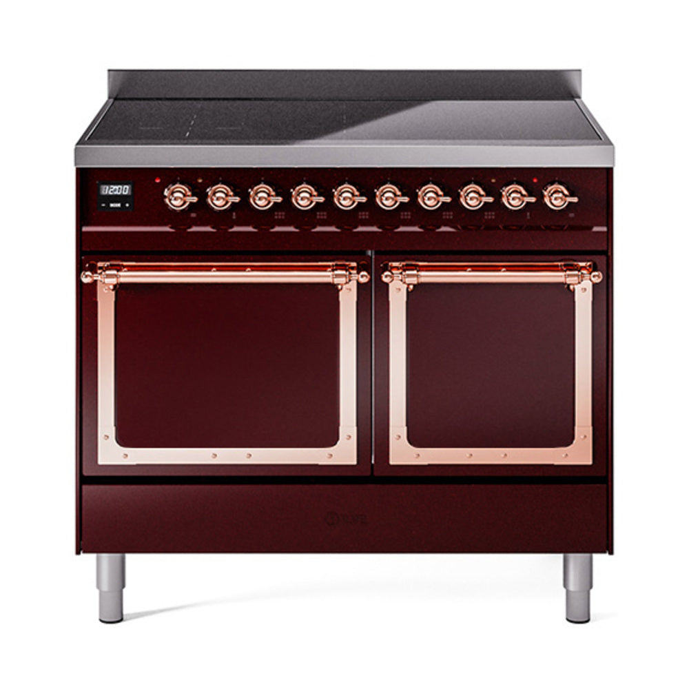 Burgundy induction range with copper control knobs and double oven doors