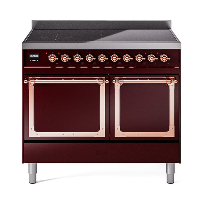 ILVE 40-Inch Nostalgie II Noblesse Induction Range with Solid Door Oven in Burgundy with Copper Trim  (UNDI406QNMPBUP)