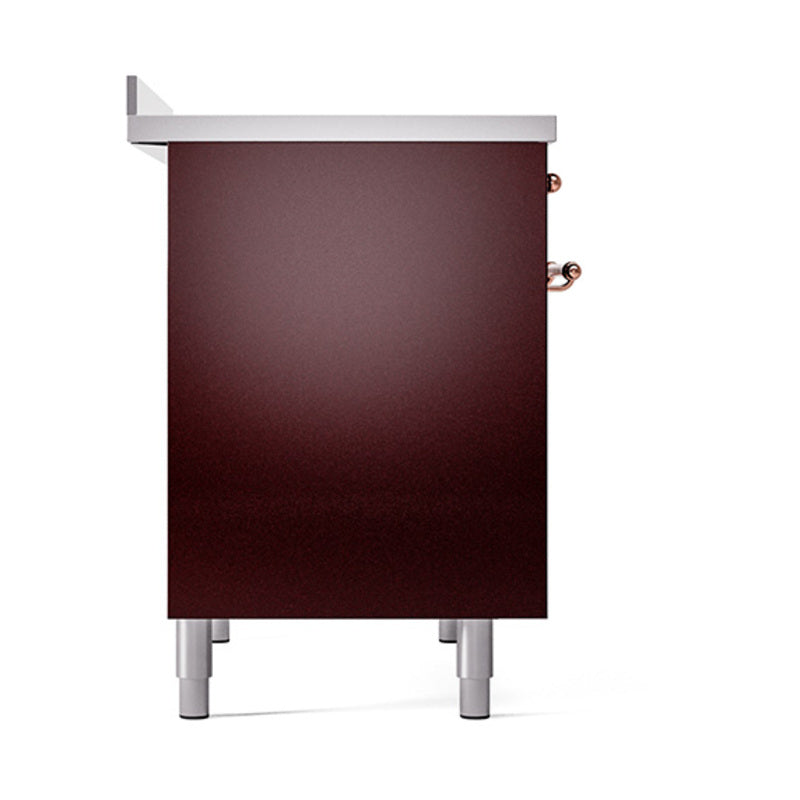 Burgundy solid oven door with copper handle details and leveling feet