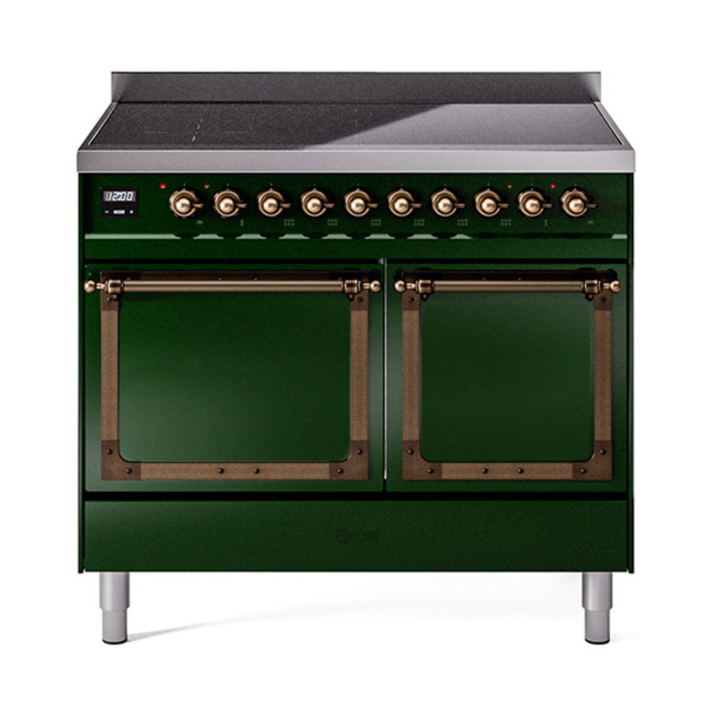 Emerald green range with two glass-front ovens and bronze-framed controls