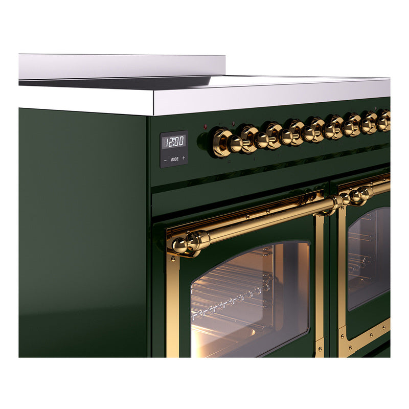 Emerald green induction range with brass knobs and oven door window