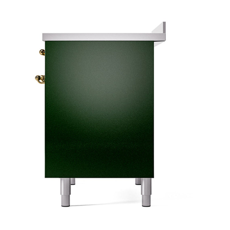 Emerald green oven doors with gold handles and silver feet, front view