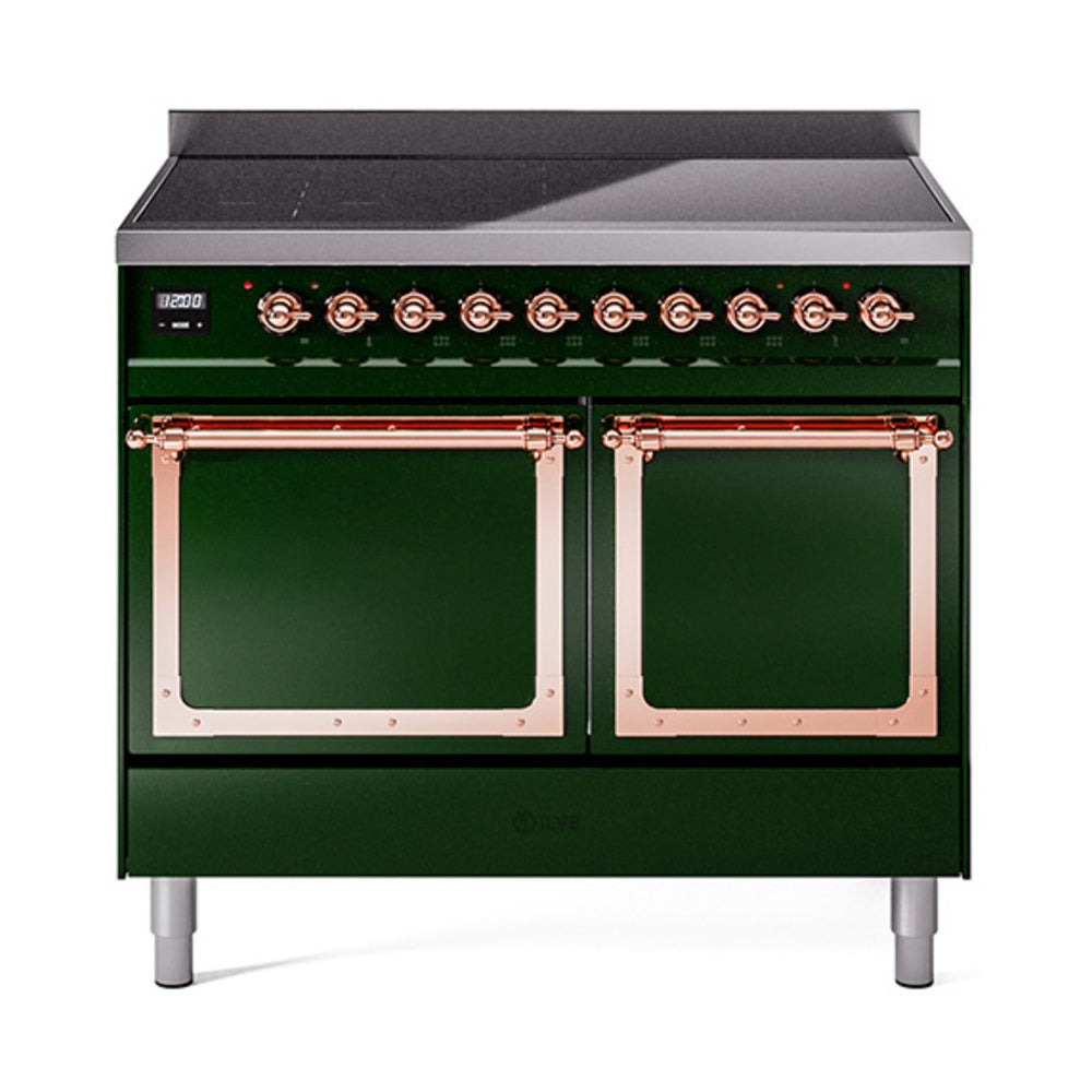 Emerald green double oven with dark glass windows, copper door frames, and control panel