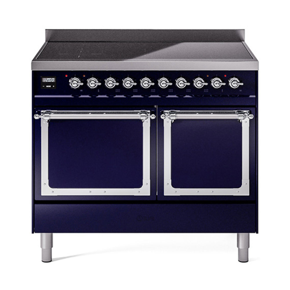 Midnight blue induction range with twin oven doors and front stainless control knobs