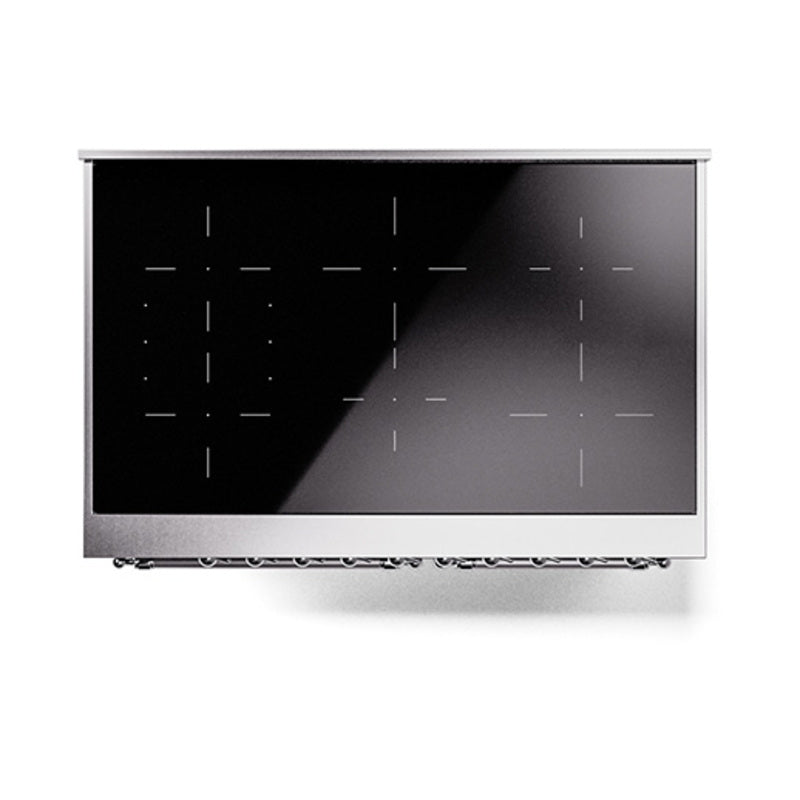 Midnight blue induction range control panel with touch display and indicator icons