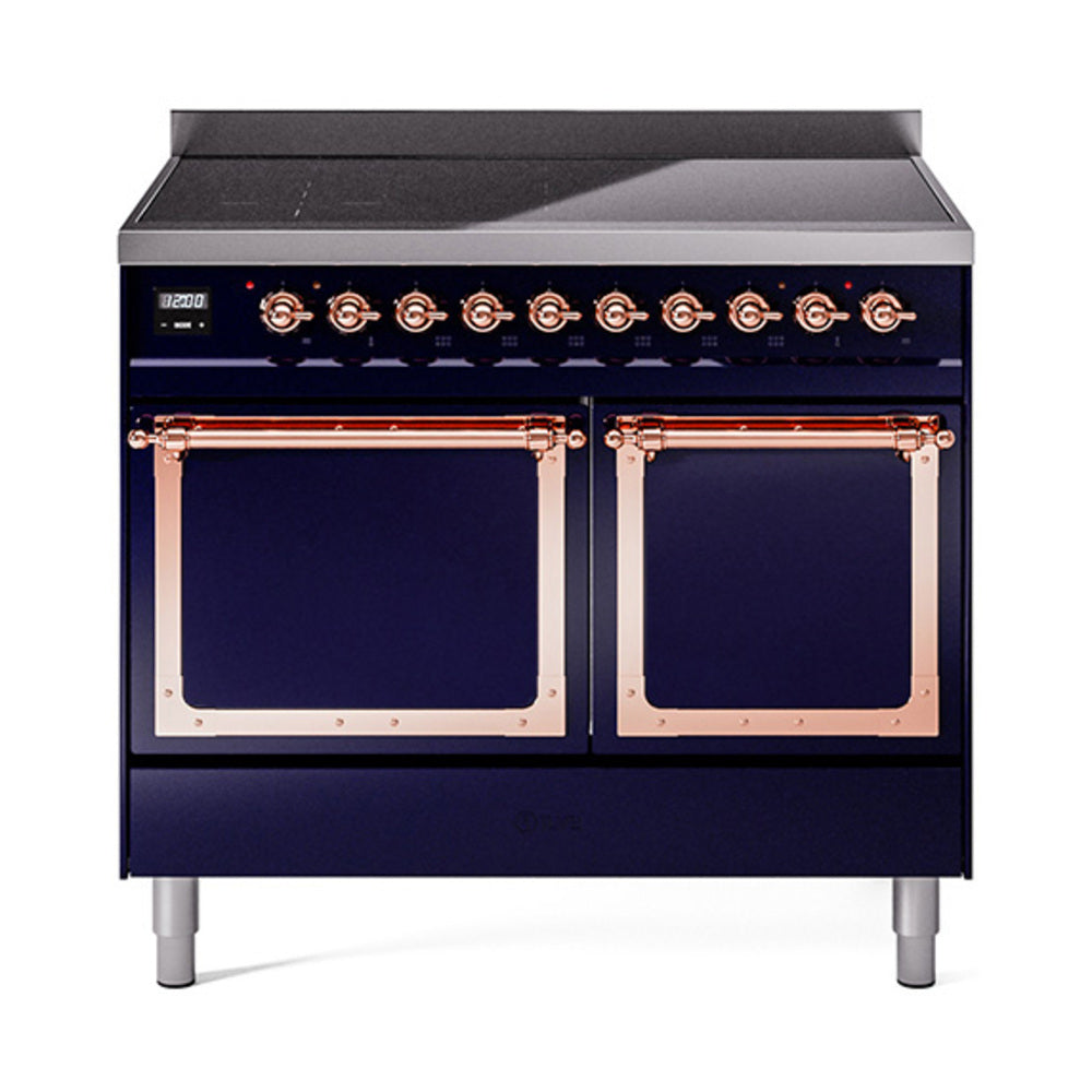 Midnight blue induction range with two oven windows, copper-trim control knobs