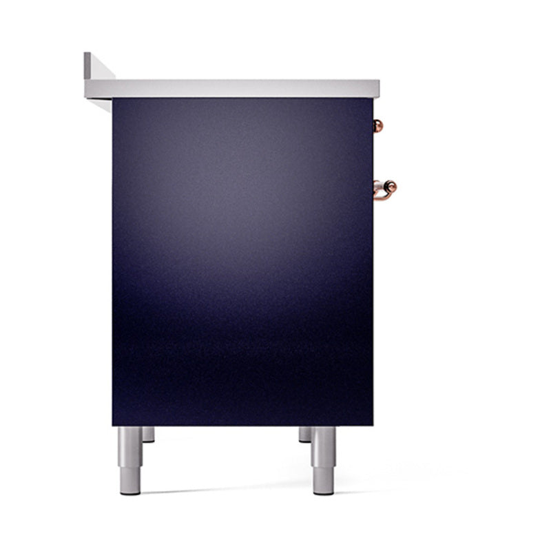 Midnight blue oven base with solid door and copper handle accents, side view