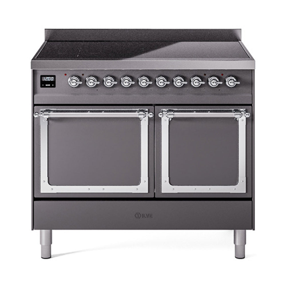 Matte graphite induction range with two closed oven doors and chrome trim controls