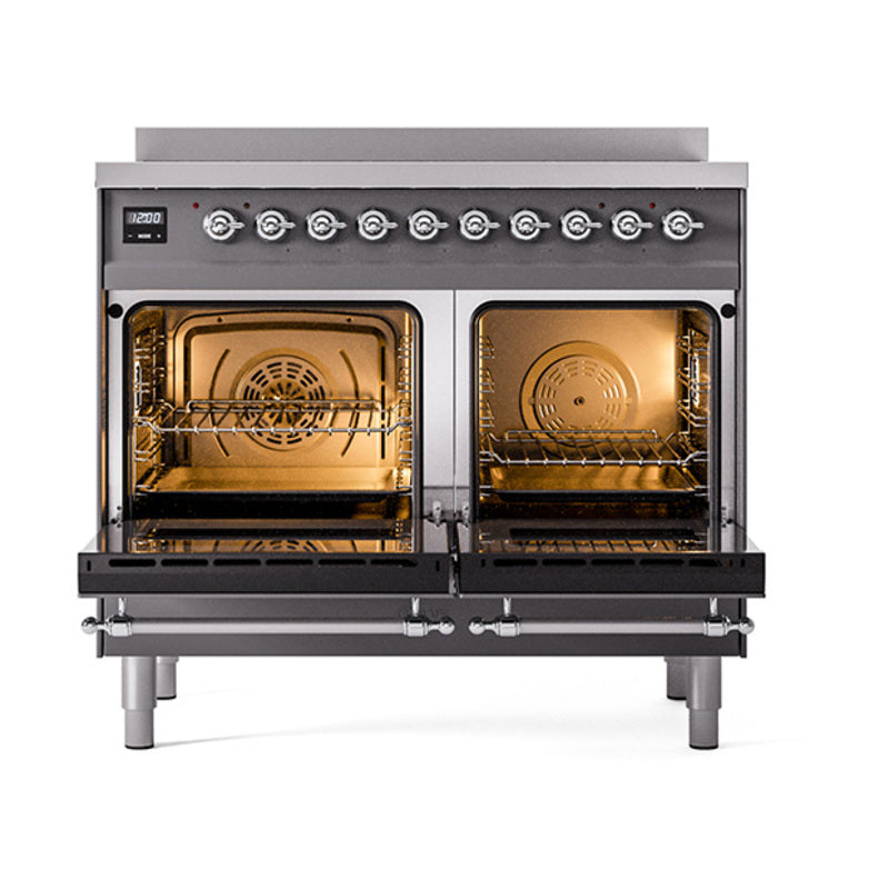 Matte graphite induction range with two open oven doors and chrome control knobs
