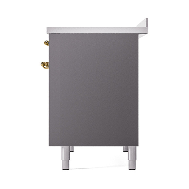 Lower oven cabinet door in matte graphite with two brass knobs and four legs