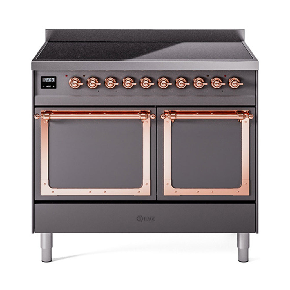 ILVE induction range front view with two solid oven doors and copper control knobs