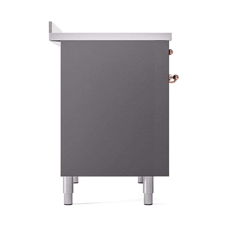 ILVE induction range side with solid door, matte graphite body and copper trim