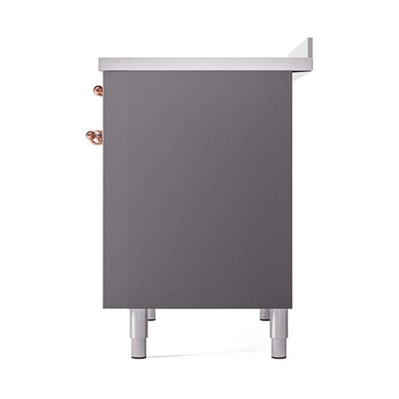 ILVE induction range side panel with solid oven door, matte graphite and copper details