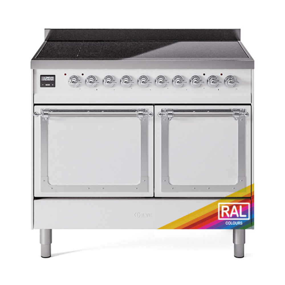 Dual-oven induction range with black cooktop, chrome knobs, and two closed doors