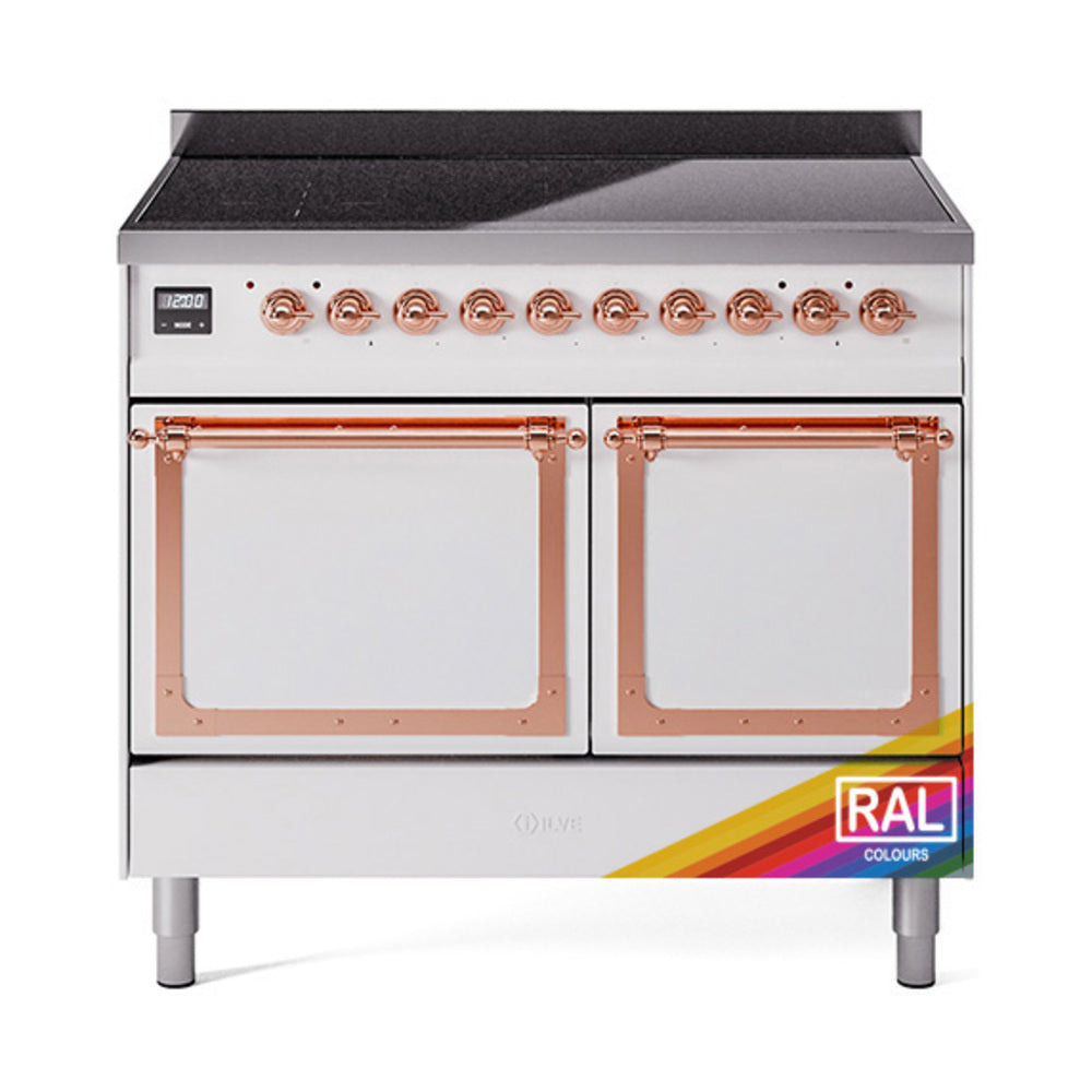 Induction range with black cooktop, copper control knobs, and two closed oven doors