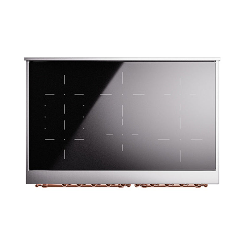 Induction cooktop with dark glass surface and burner zone markings, copper-edged trim