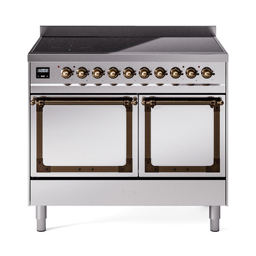 Stainless steel induction range front view with bronze knobs and two oven doors open