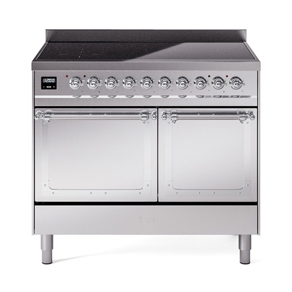 Stainless steel induction range front view with black cooktop and control knobs