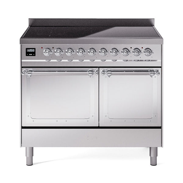 ILVE 40-Inch Nostalgie II Noblesse Induction Range with Solid Door Oven in Stainless Steel with Chrome Trim (UNDI406QNMPSSC)