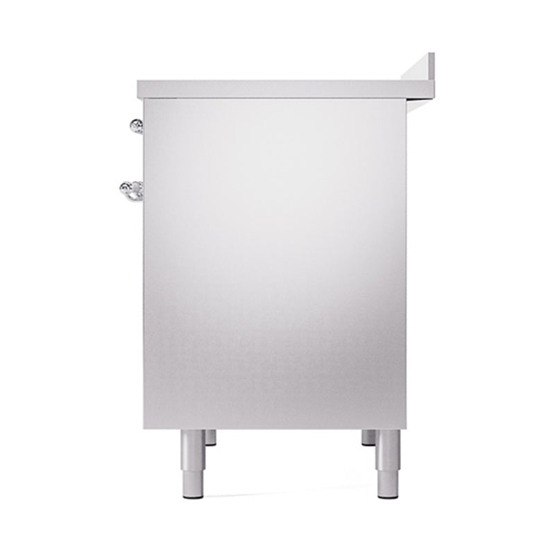 Stainless steel oven side view with chrome trim, door handles, and support legs