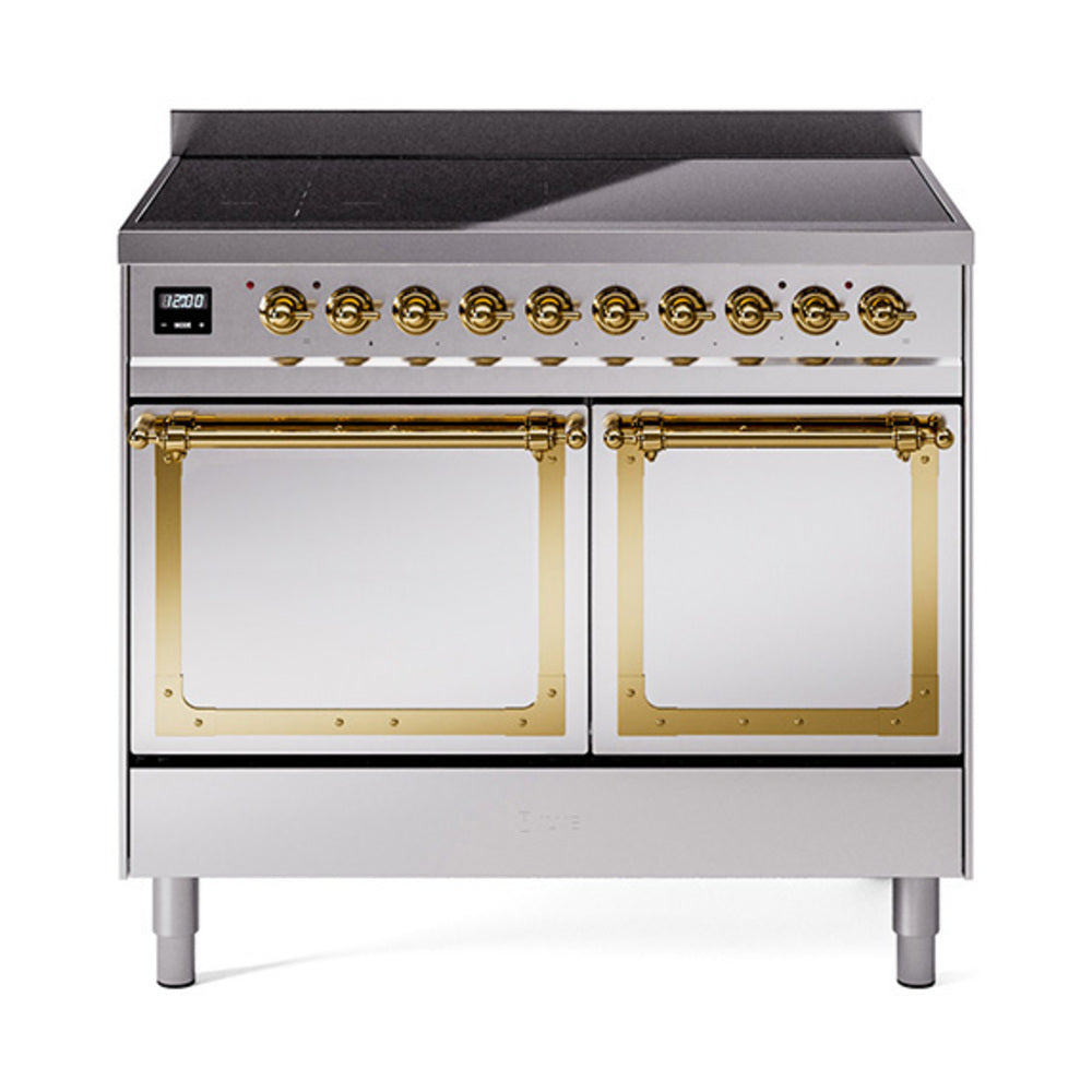 Freestanding induction range with black cooktop, gold knobs, and two front oven doors