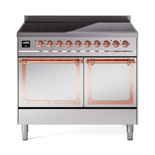 ILVE 40-Inch Nostalgie II Noblesse Induction Range with Solid Door Oven in Stainless Steel with Copper Trim (UNDI406QNMPSSP)