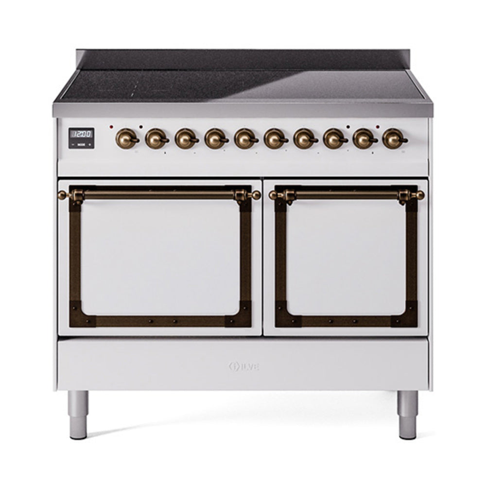 White induction range with black griddle top, bronze knobs, and double oven doors