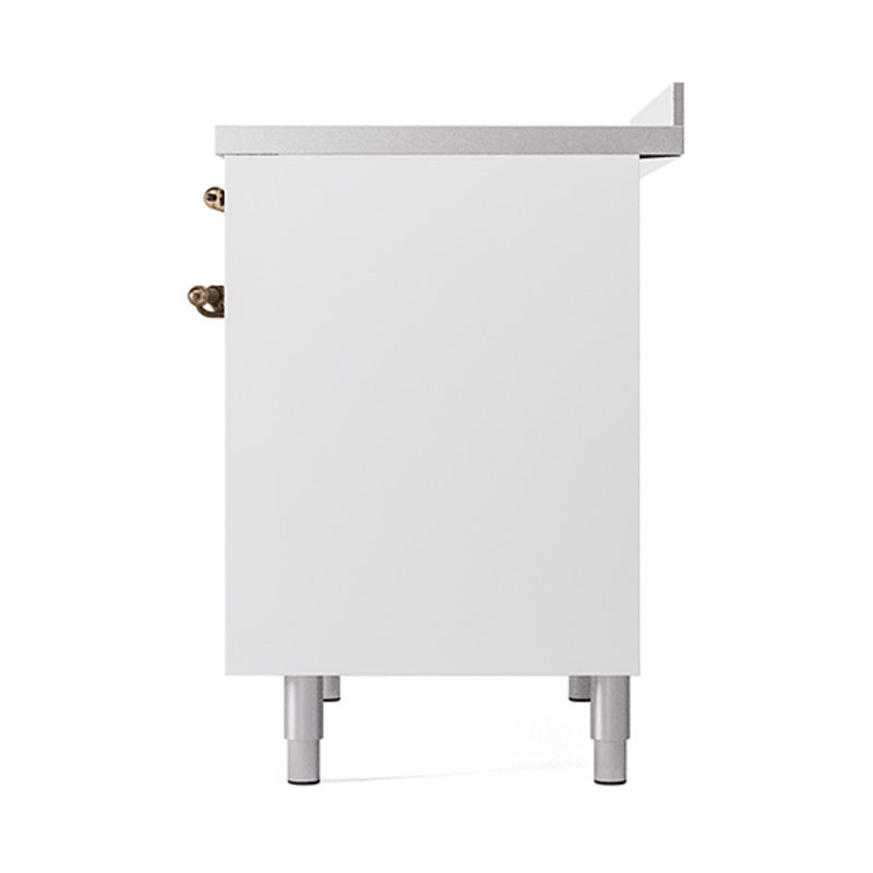 White side cabinet panel of two-oven range with bronze handle hardware