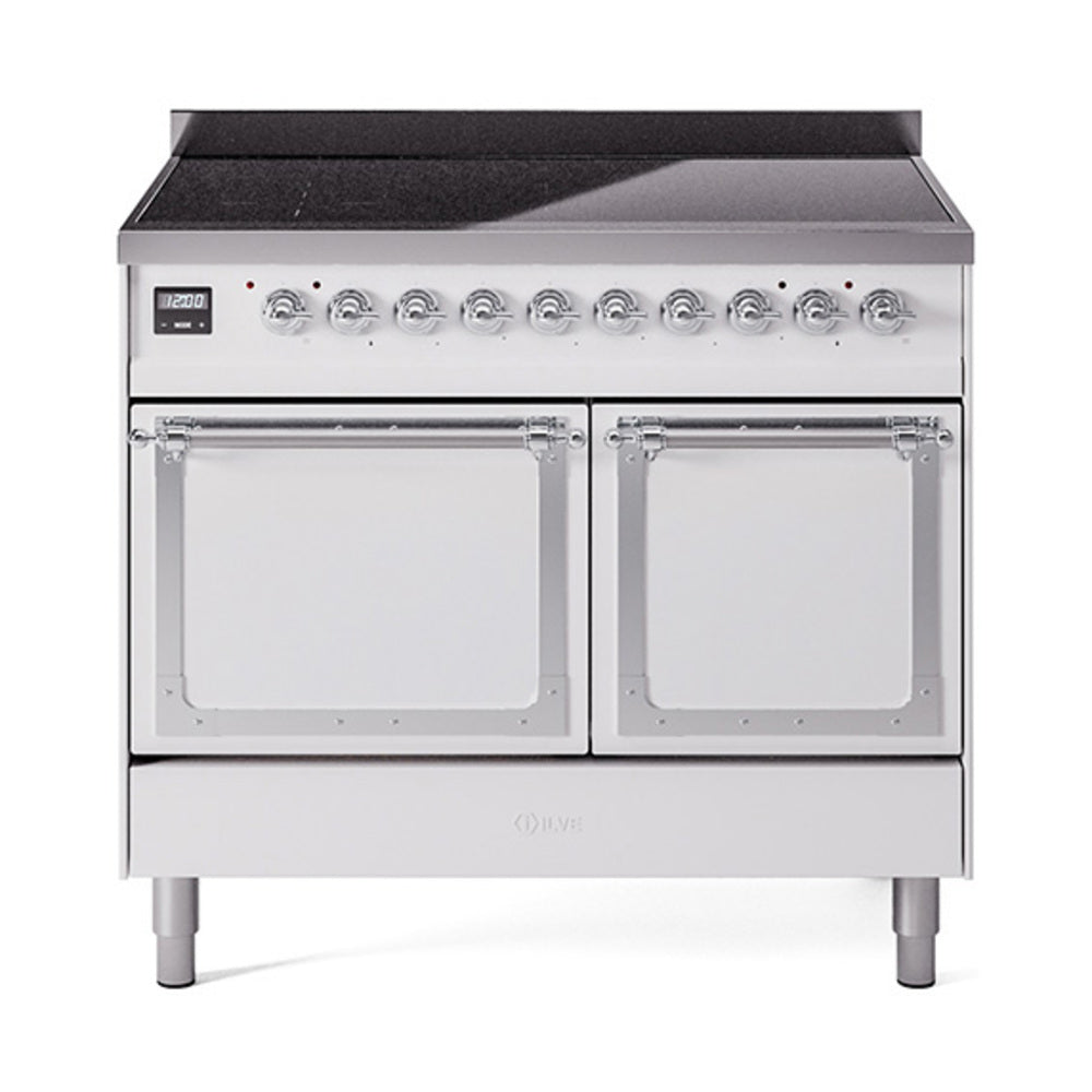 White induction range with black cooktop, chrome trim, and two oven doors