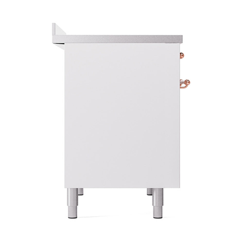 White solid oven door panel with copper handle on side and gray leveling feet