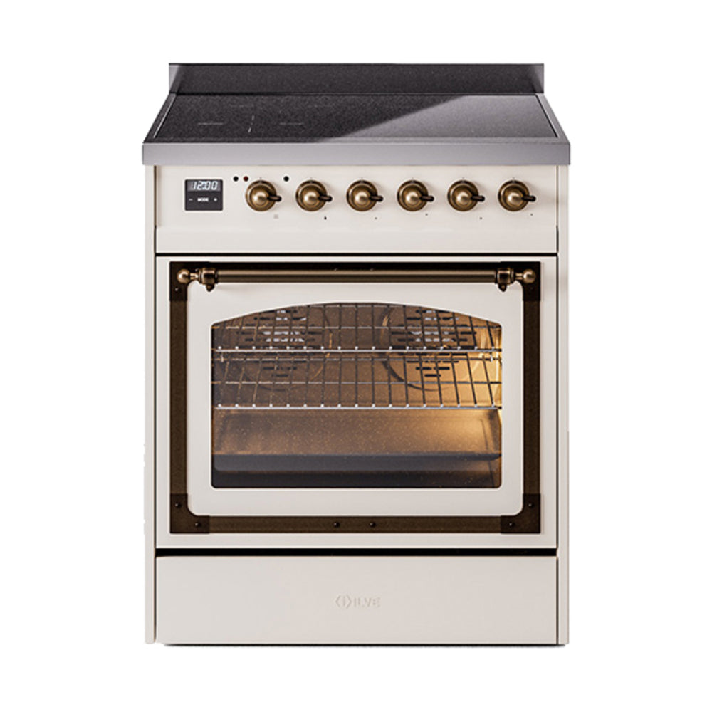 ILVE antique white induction range with bronze knobs, oven door window and lower drawer