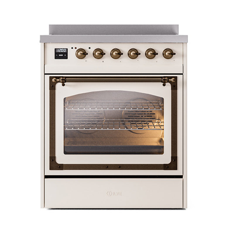 ILVE antique white induction range, bronze knobs, triple-glass oven door window