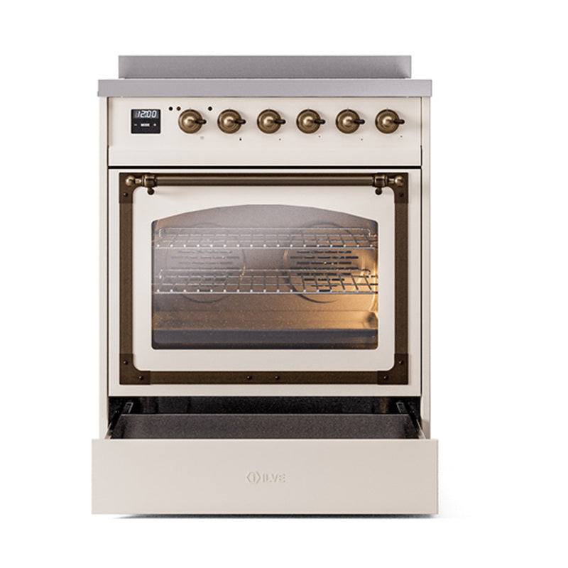 ILVE induction range with oven door open and lower drawer, bronze trim around frame