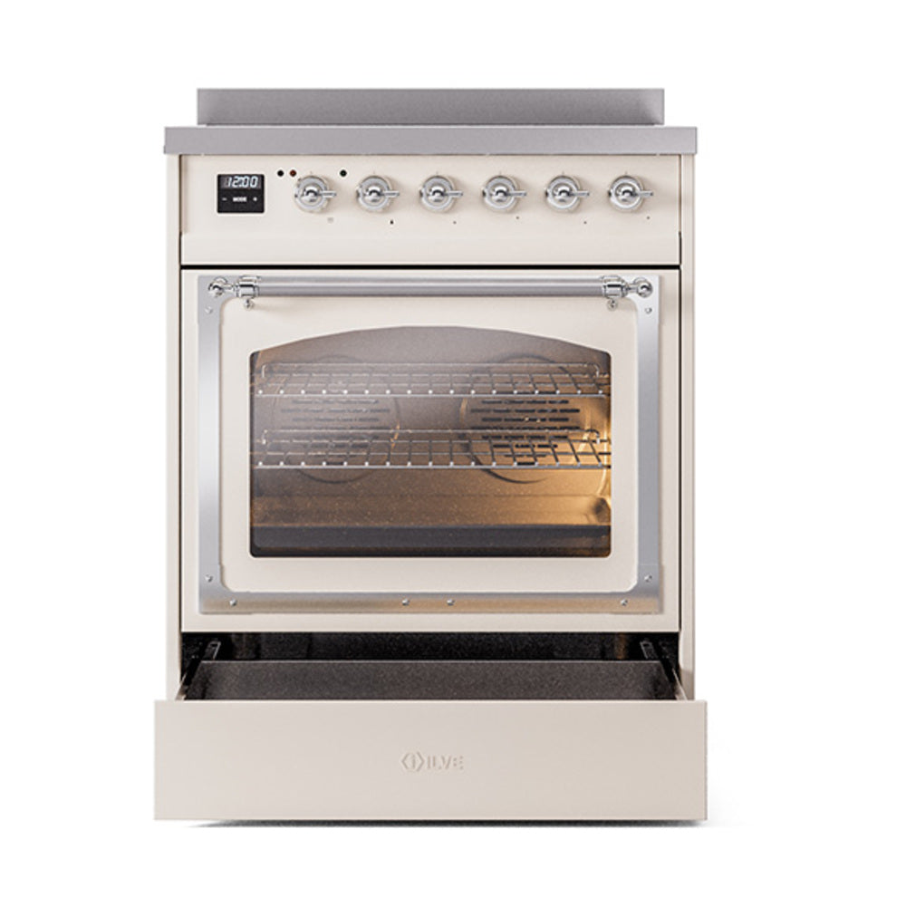 Antique white oven with triple-glass door, chrome trim, and open storage drawer