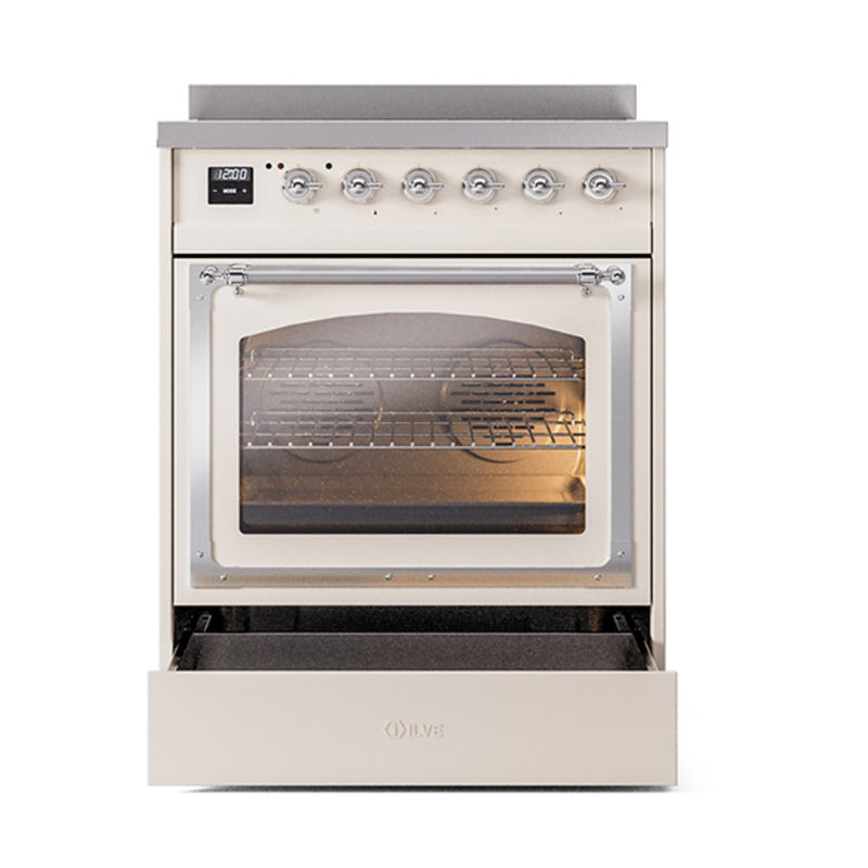ILVE Nostalgie II Noblesse 30-Inch Induction Range with Triple Glass Door in Antique White with Chrome Trim (UNI304NMPAWC)