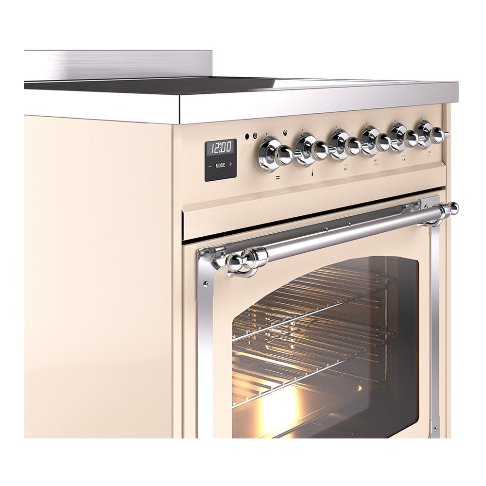Antique white induction range front with chrome knobs and oven door handle