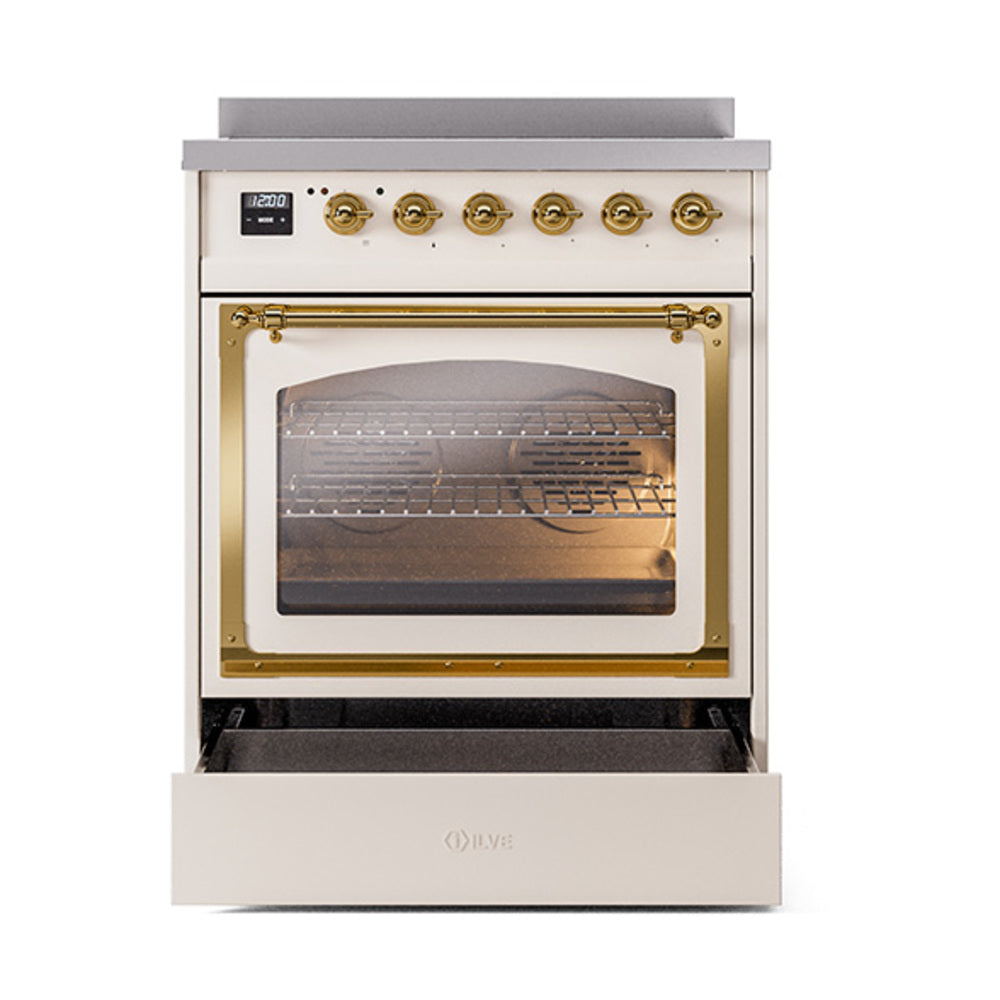 Antique white oven with brass trim, open door, and visible oven racks