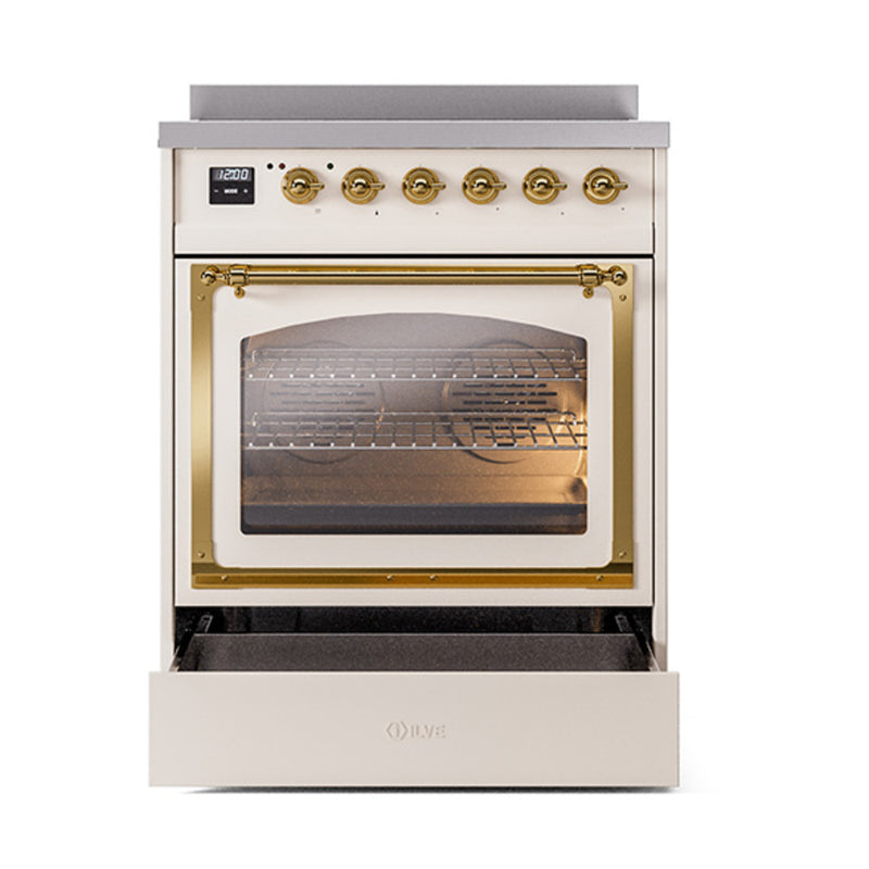 ILVE Nostalgie II Noblesse 30-Inch Induction Range with Triple Glass Door in Antique White with Brass Trim (UNI304NMPAWG)