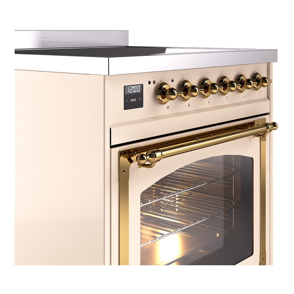 Antique white induction range with brass-trim controls and open oven door