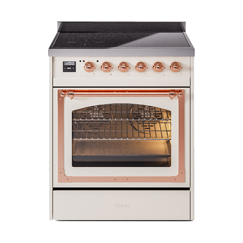 Antique white induction range with copper-trimmed triple glass oven door and knobs