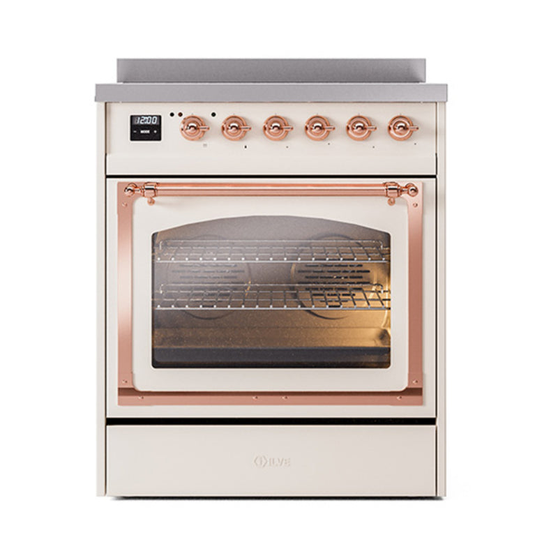 ILVE Nostalgie II Noblesse 30-Inch Induction Range with Triple Glass Door in Antique White with Copper Trim (UNI304NMPAWP)