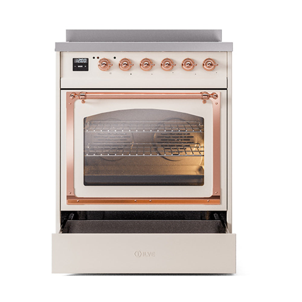 Antique white induction range with closed oven door, copper trim, and control knobs