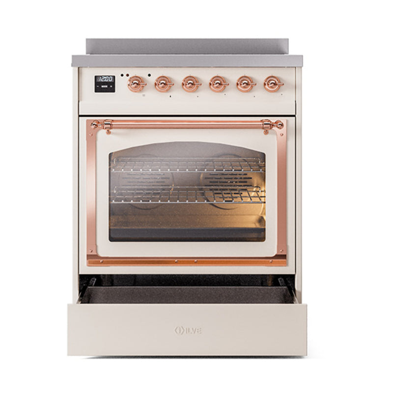 ILVE Nostalgie II Noblesse 30-Inch Induction Range with Triple Glass Door in Antique White with Copper Trim (UNI304NMPAWP)
