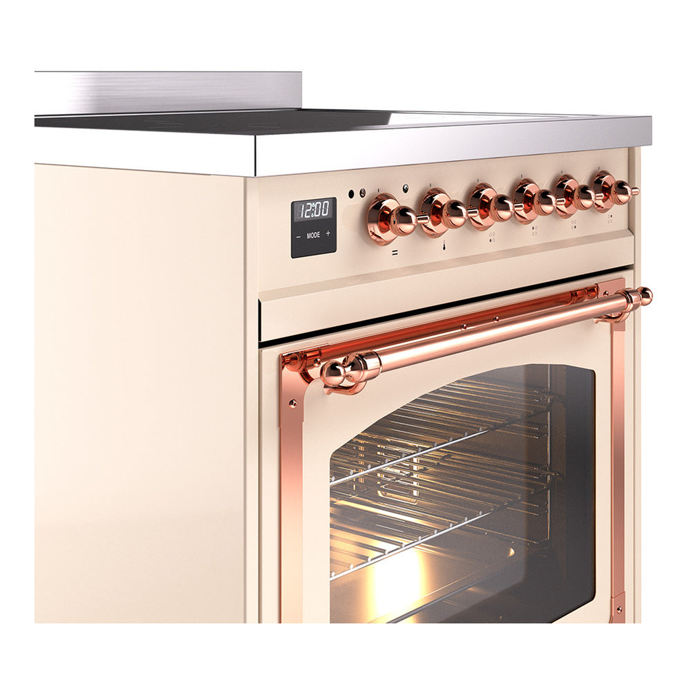 Antique white induction oven with copper control knobs and black glass viewing door