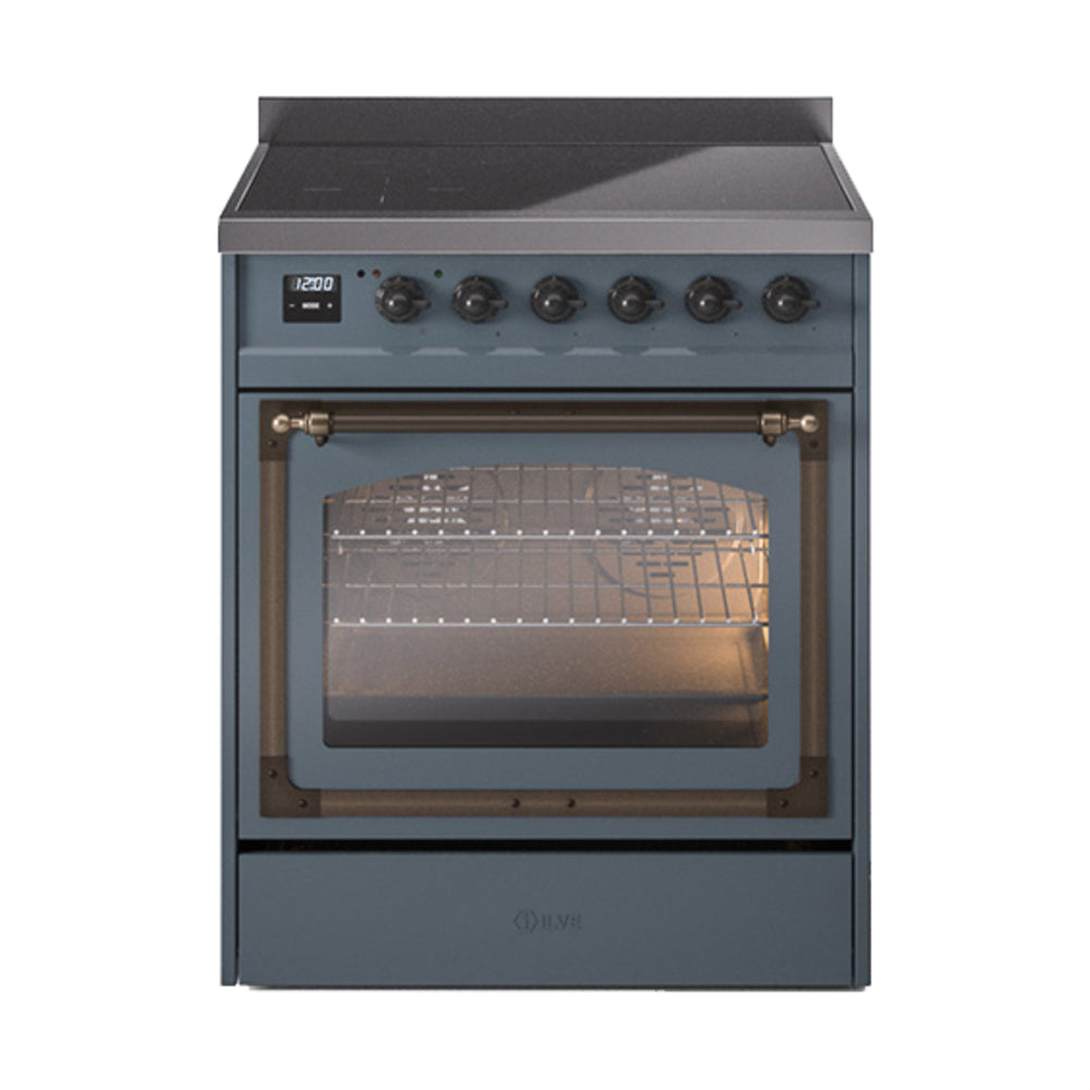 Blue-grey induction range with lit oven interior through glass window, bronze handle